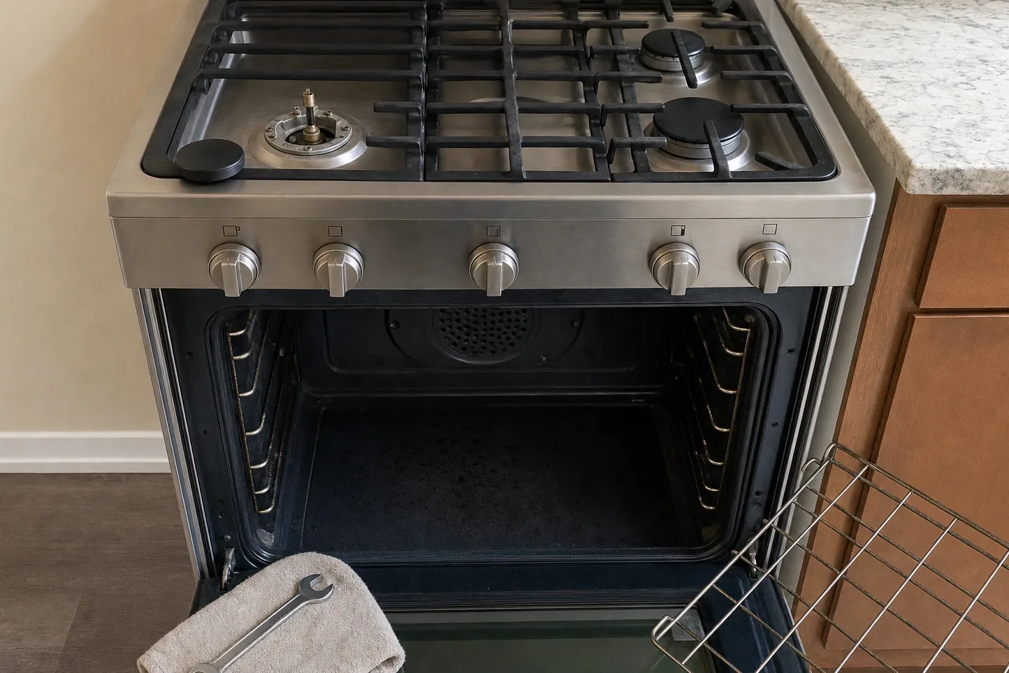 Stainless gas range with the oven door lowered, one burner cap lifted off the burner head, and a wrench on a folded towel resting on the door
