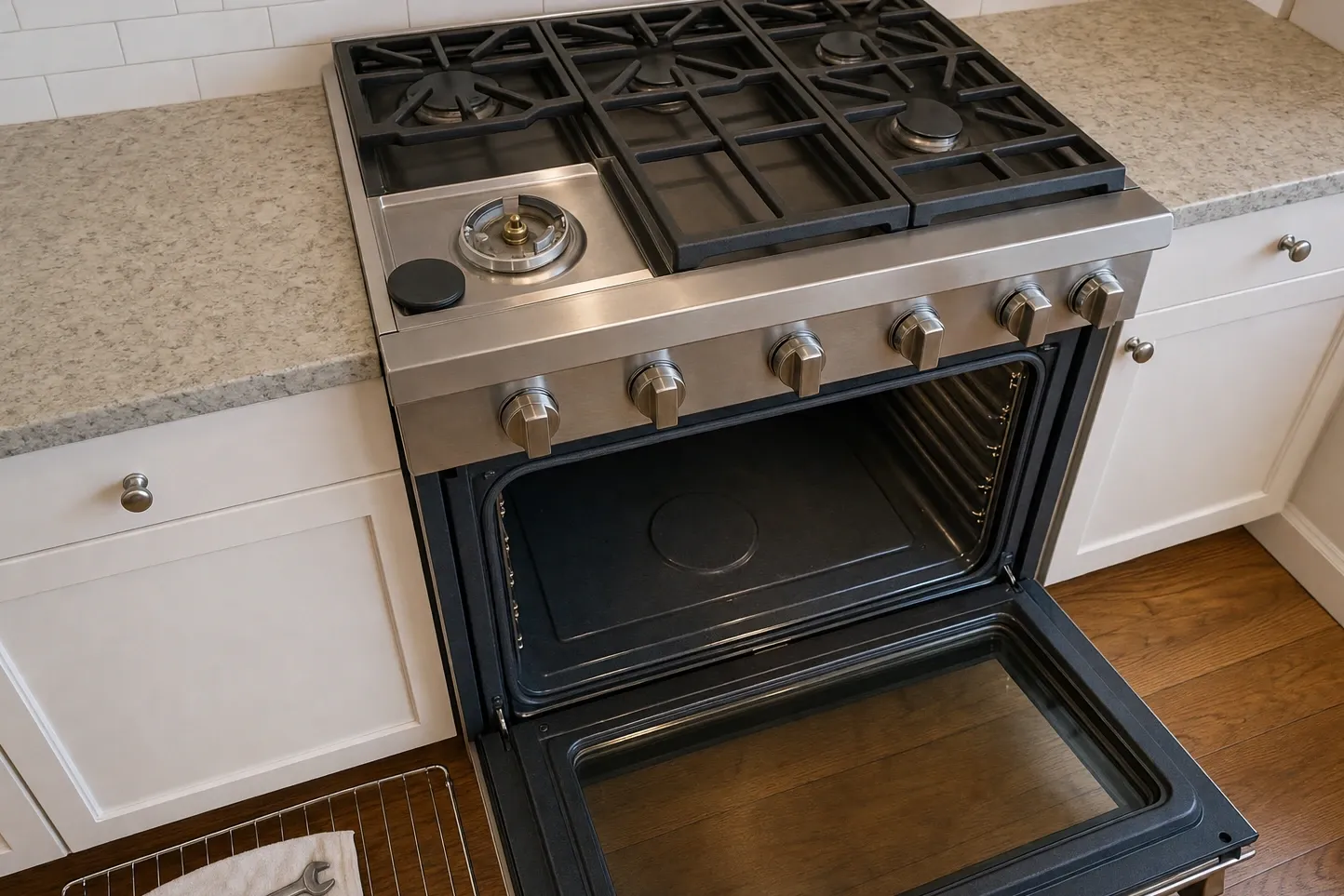 Wide view of a pro-style stainless rangetop with a griddle plate and sealed burners, one burner stripped down to the electrode