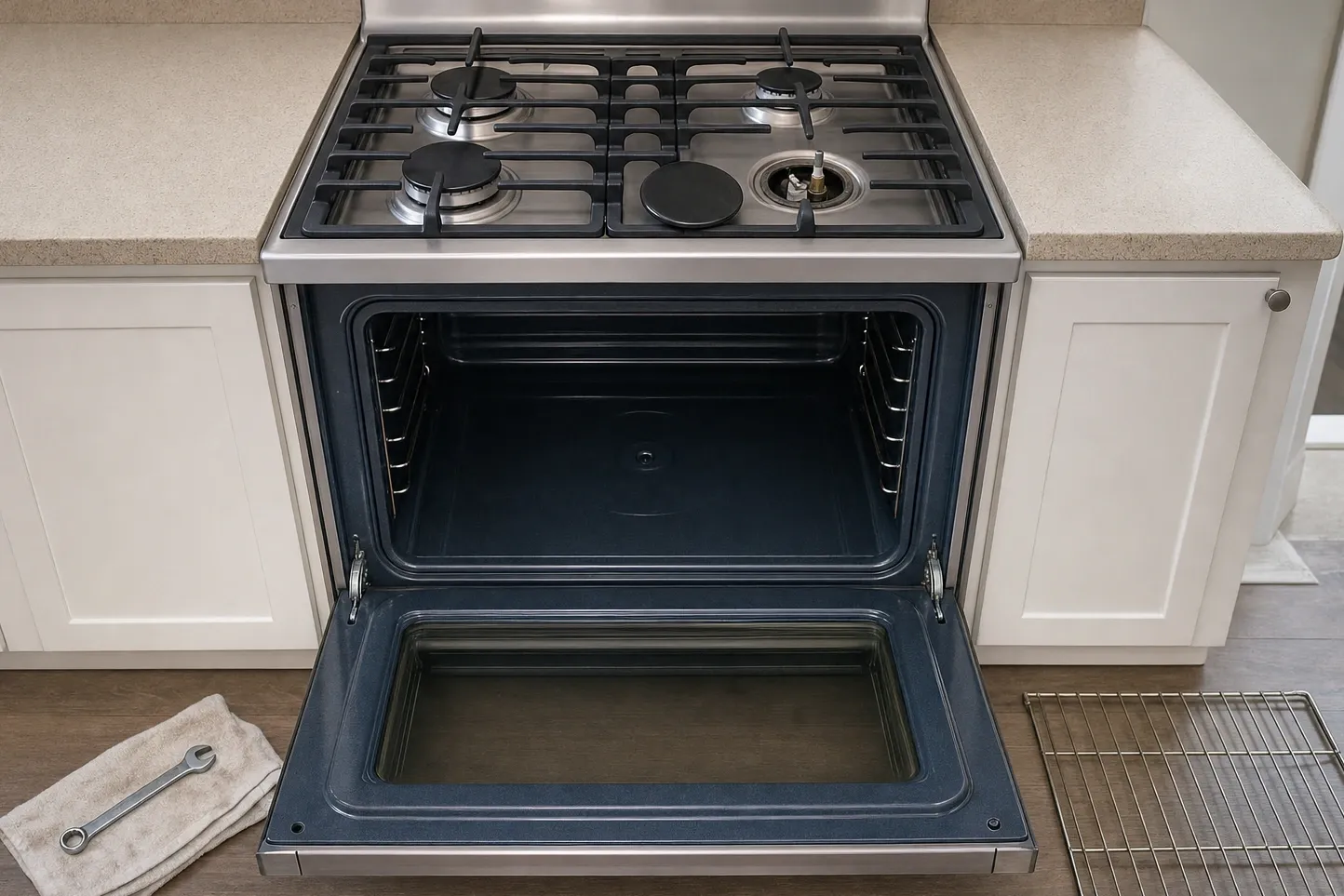 Stainless gas range seen straight on between two runs of white cabinets, oven door open flat and one burner cap removed on the cooktop
