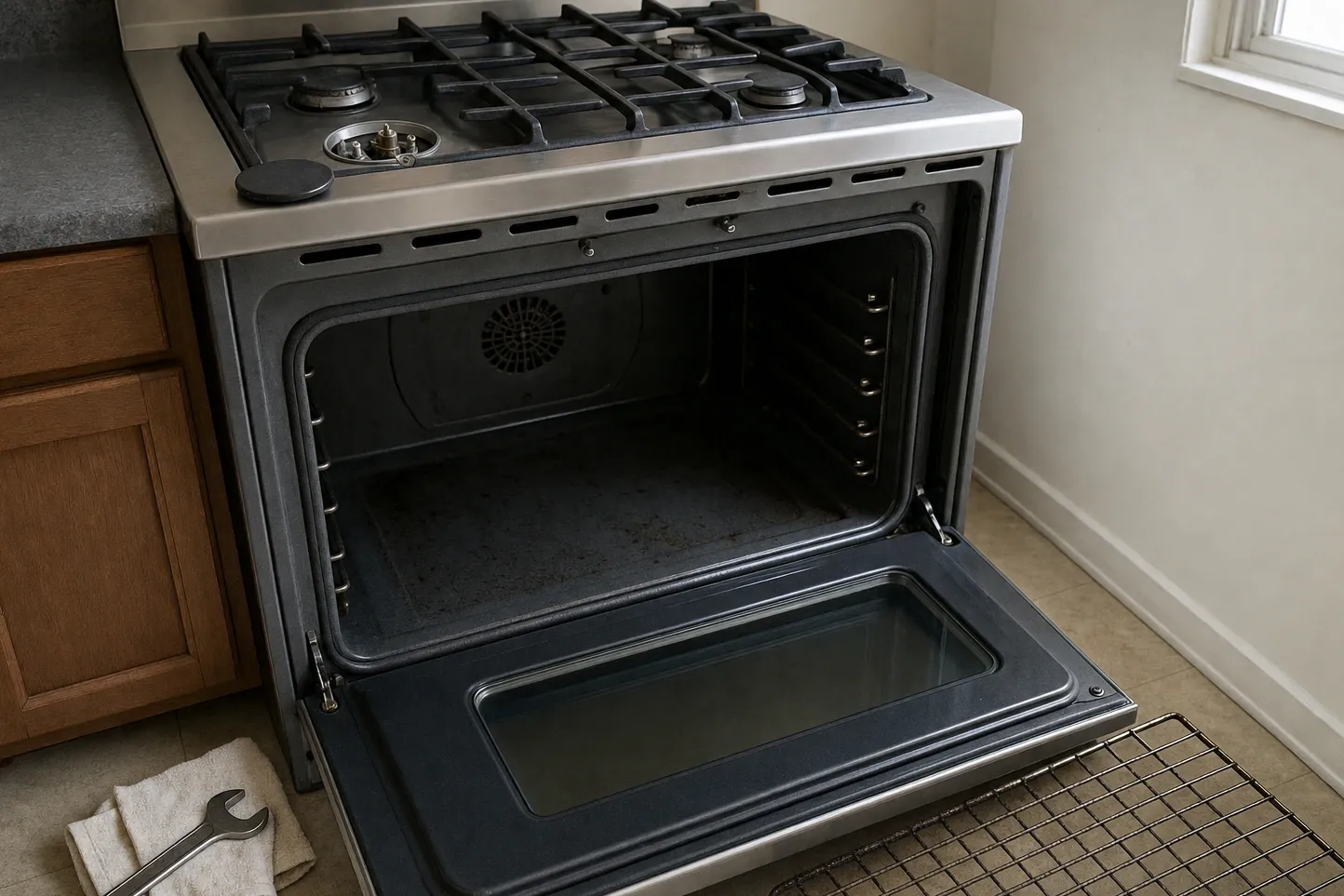 Stainless range in the corner of a kitchen, oven door open on an empty cavity with the rear fan cover showing and the rack set down on the floor
