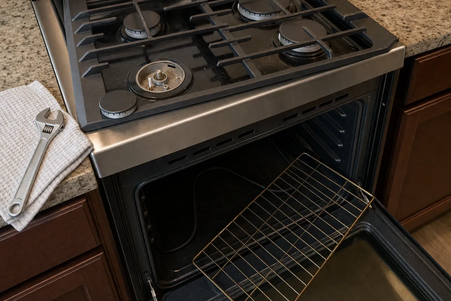 Close view of a dark cooktop deck with one burner cap removed, oven door open below with a wire rack pulled half out, adjustable wrench on a towel alongside