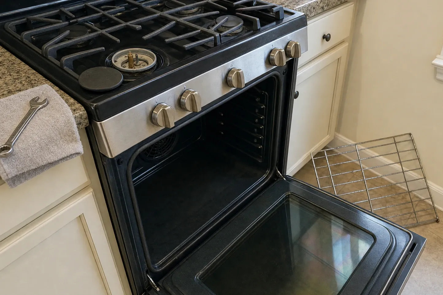 Black gas cooktop deck seen from above with one burner cap lifted clear of the burner head, and a combination wrench folded into a towel on the granite beside it