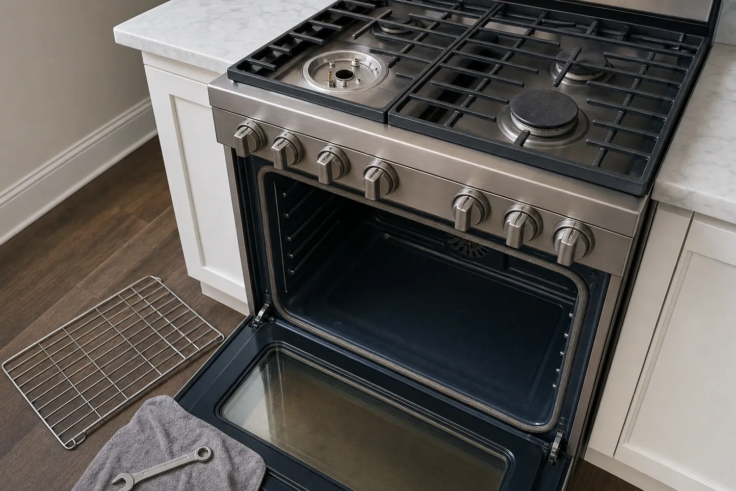 Gas burner with both the cap and the burner head removed, leaving the bare aluminium base and its brass gas spud open to the air on a marble-topped run