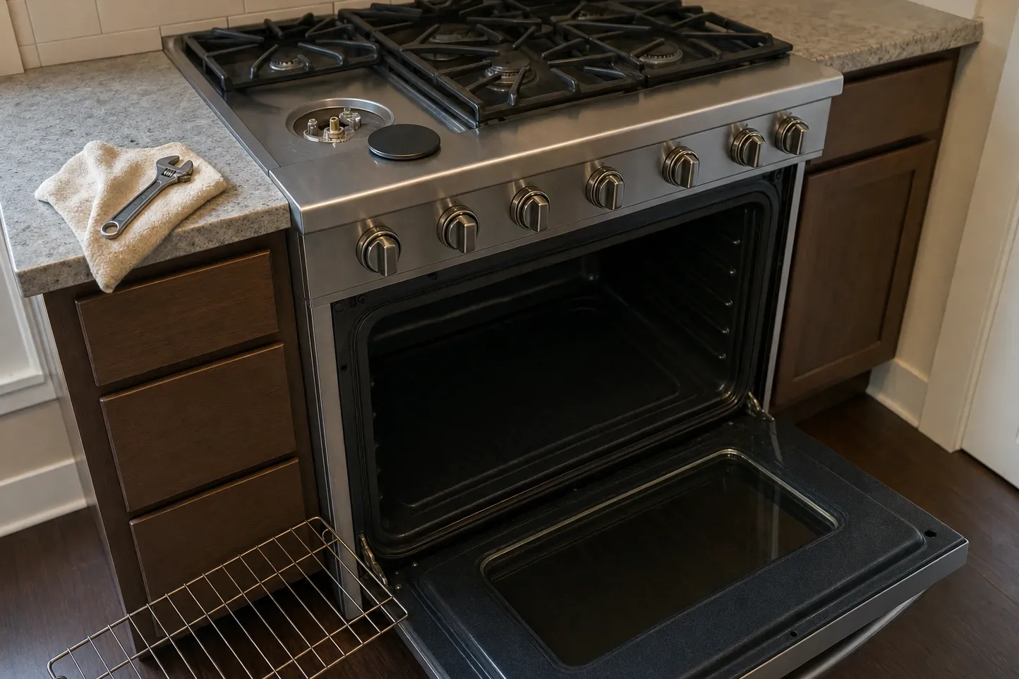 Broad stainless cooking deck with an empty burner port where the cap and head have come off, cast-iron grates behind it and seven control knobs in a row