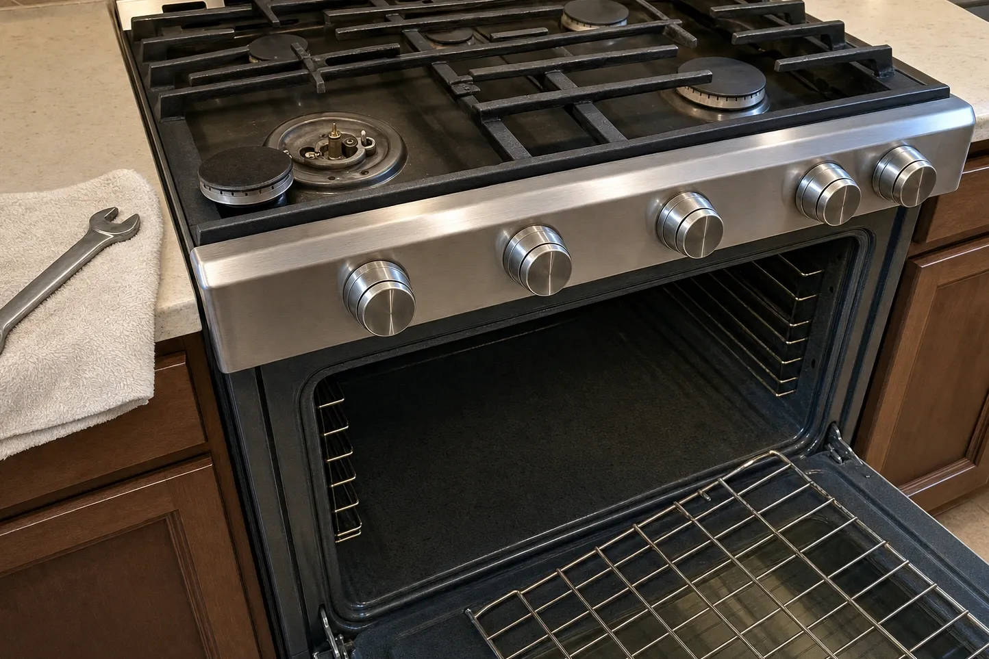 Close view along a brushed stainless control rail carrying five large knurled knobs, with a partly dismantled burner at the left-hand edge of the deck