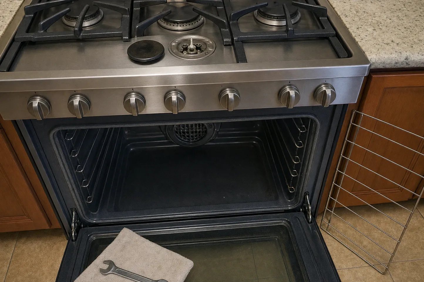 Wide gas range with the oven door flat open and the round perforated convection fan cover centred on the back wall of the empty cavity