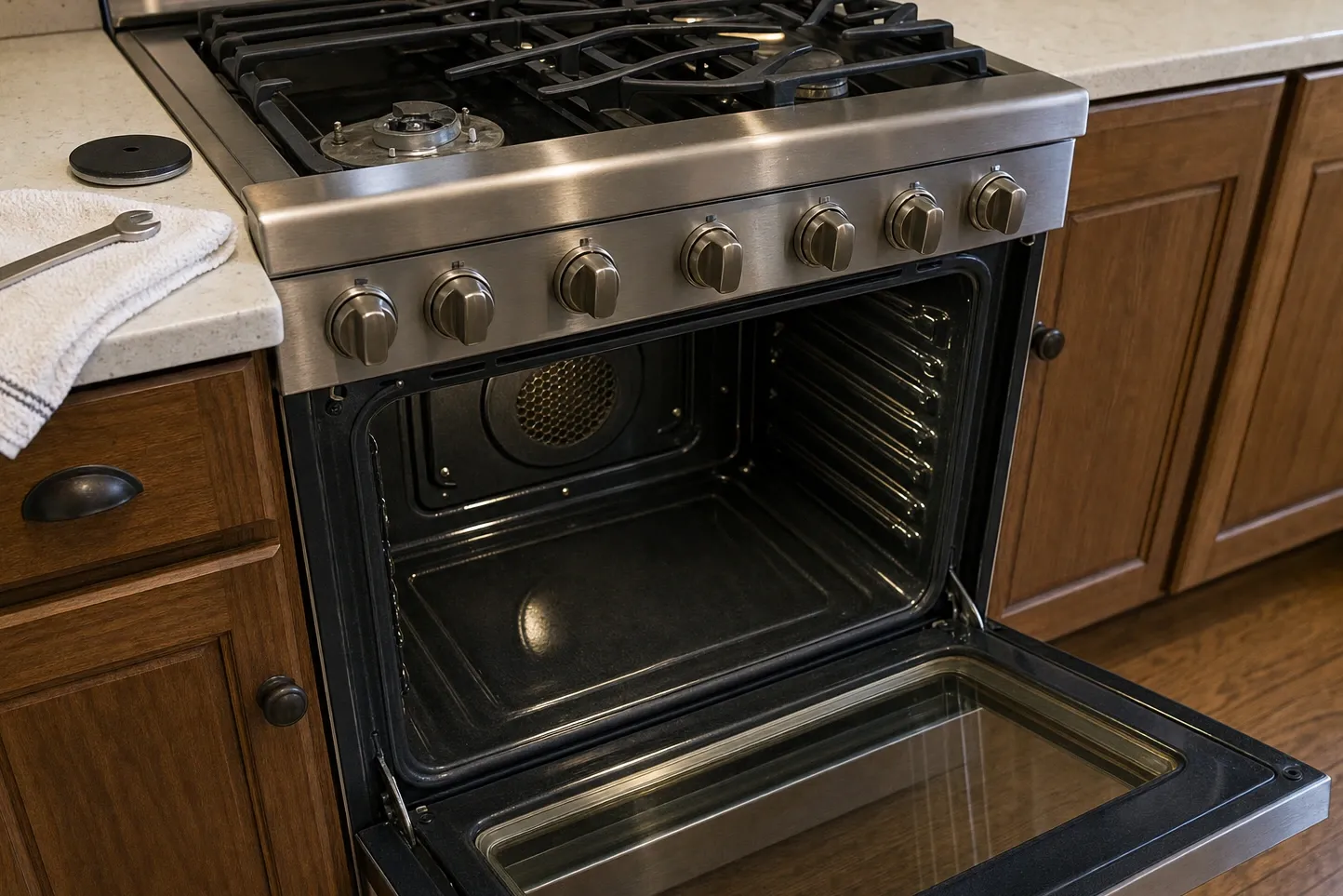 Gas burner base with three raised locating posts around a brass centre, its cap resting on the counter nearby, oak cabinets and a wood floor behind